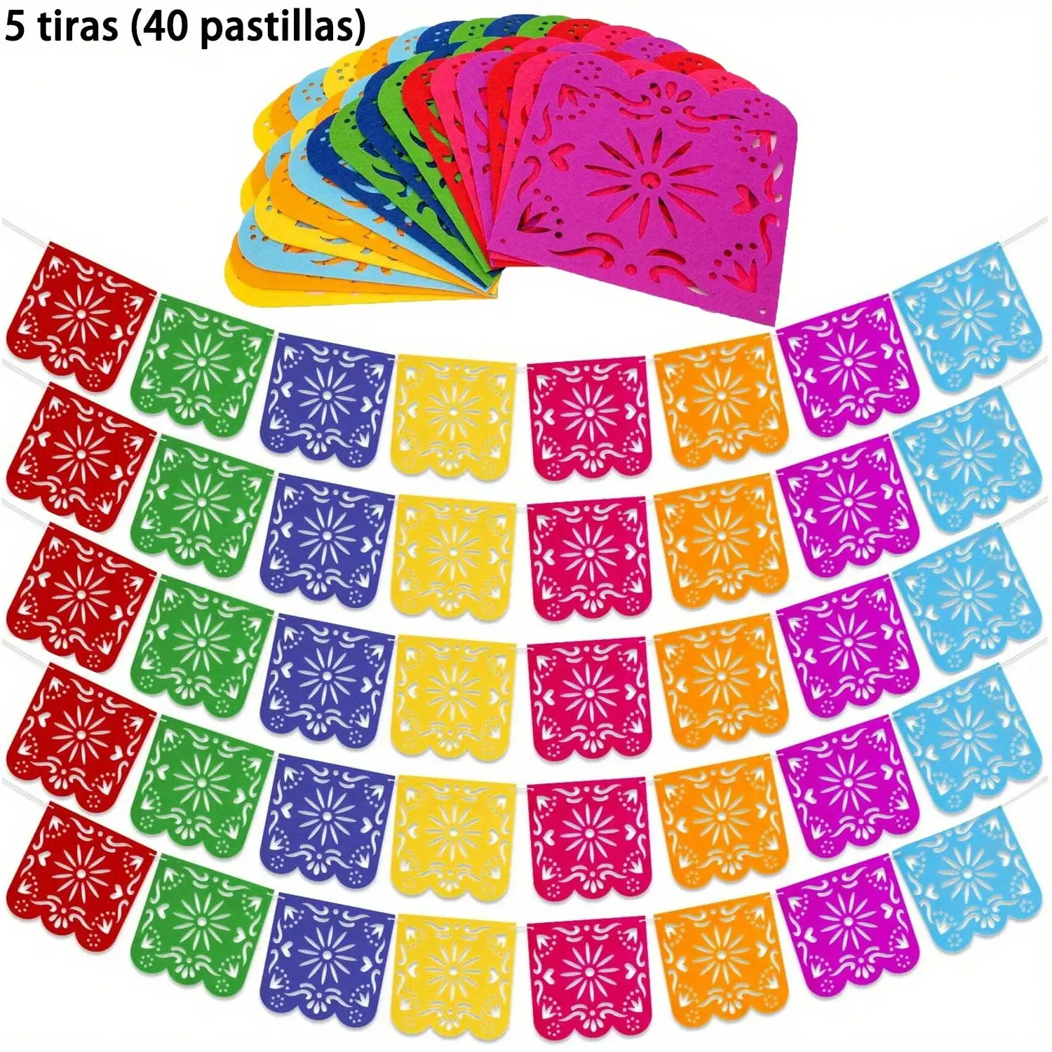 5 لافتات مكسيكية من Tiras (40 Pastillas) لافتة ملونة يوم الموتى Papel Picado، زينة حفلات أعياد الميلاد