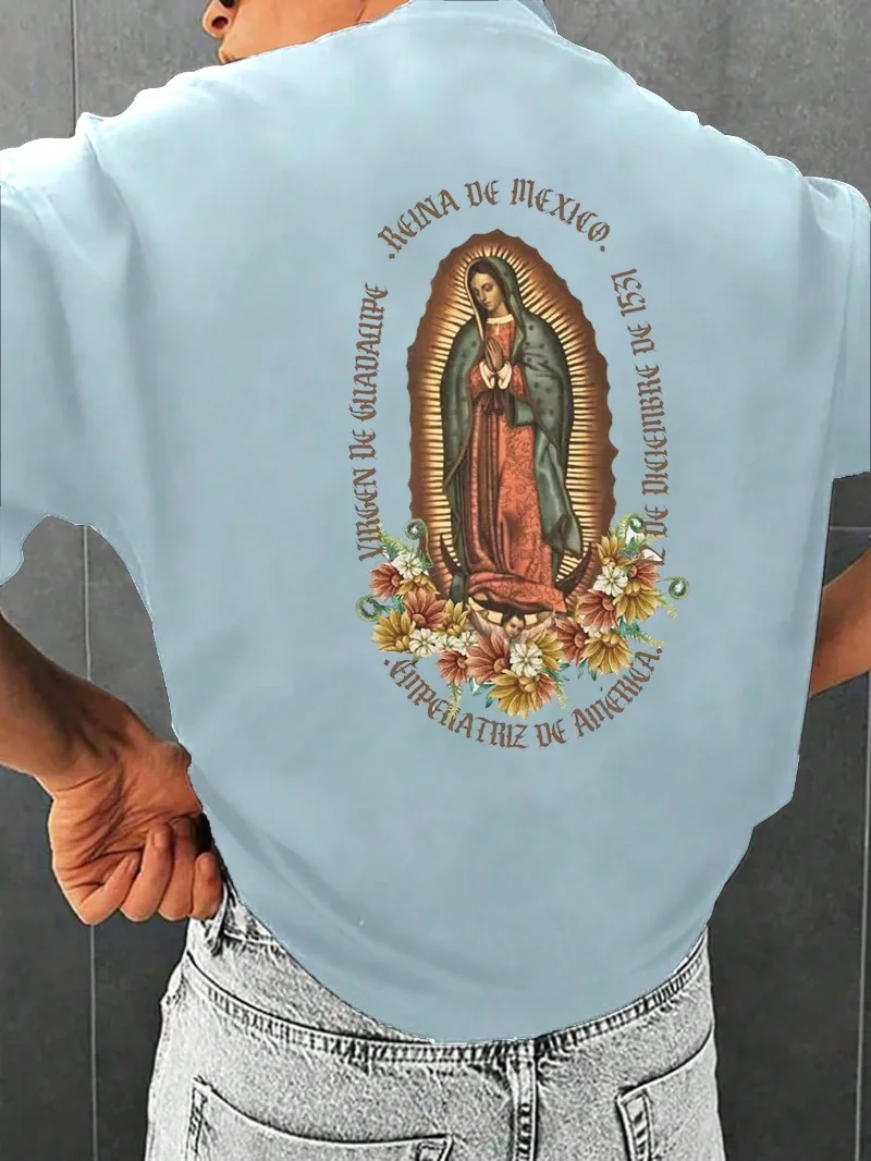 Summer New Men's Short Sleeve Fashion Trend Short Sleeve Virgin Mary Pattern Print Casual Extra Large Size Short Sleeve