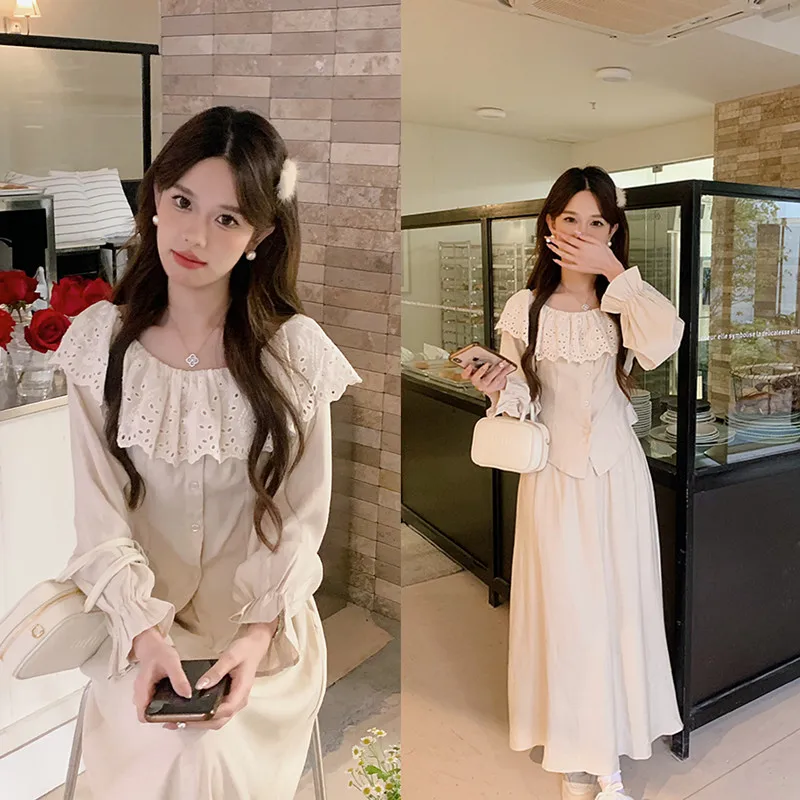 

Anli 2024 New Style Light Card Color One-Shoulder Two-Way Wear Lace Trim Long Skirt Set Women's Fashionable Two-Piece Suit