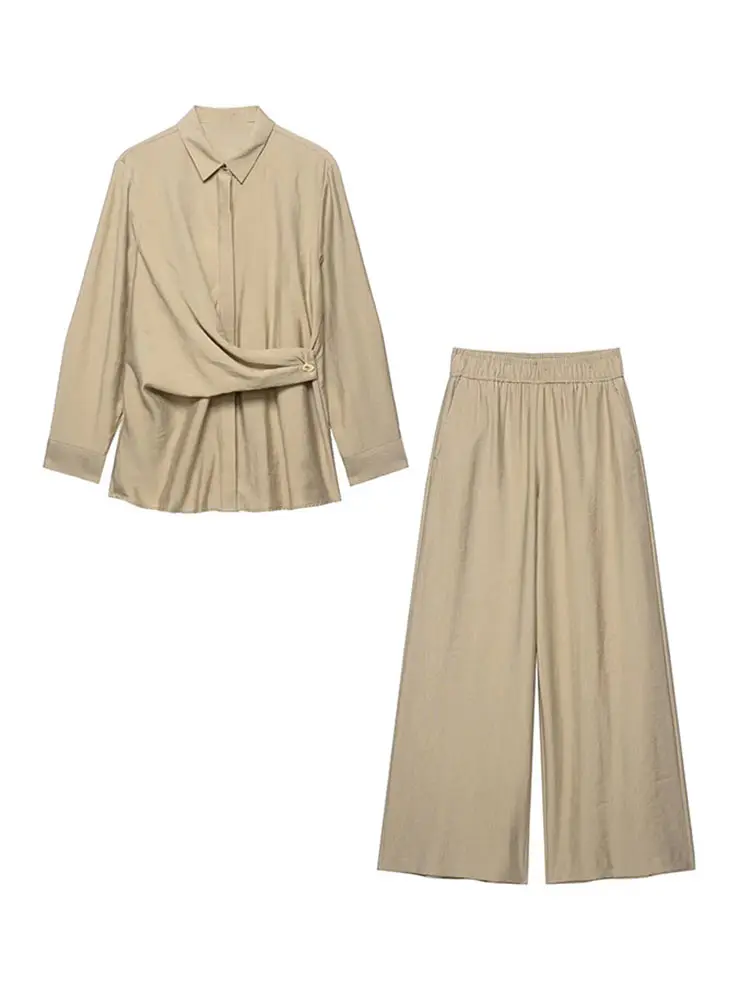 Autumn New Double-Breasted Women's Shirts Pants 2 Piece Set Golden Button Tops Loose Wide-Leg Trousers Casual Fashion Clothes