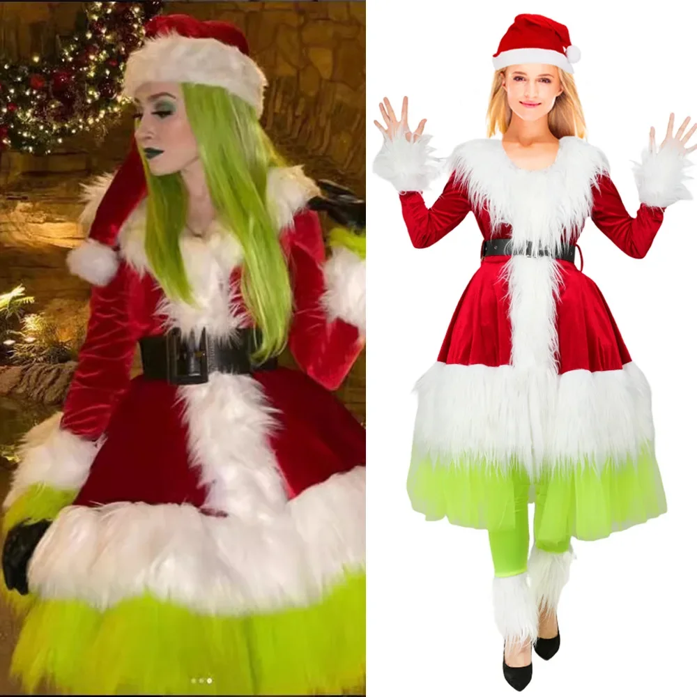 Santa Costume for Women Christmas Mrs. Santa Claus Costume Cosplay Hooded Fluffy Velvet Dress Belt Green Fur Monster Costumes