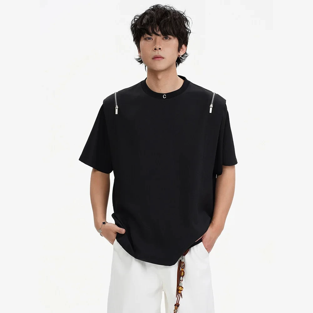 Men's Summer Zipper Shoulder Pad Streetwear Fashion Loose Casual Rock Hip Hop Black White Short Sleeve T-shirt Man T Shirts