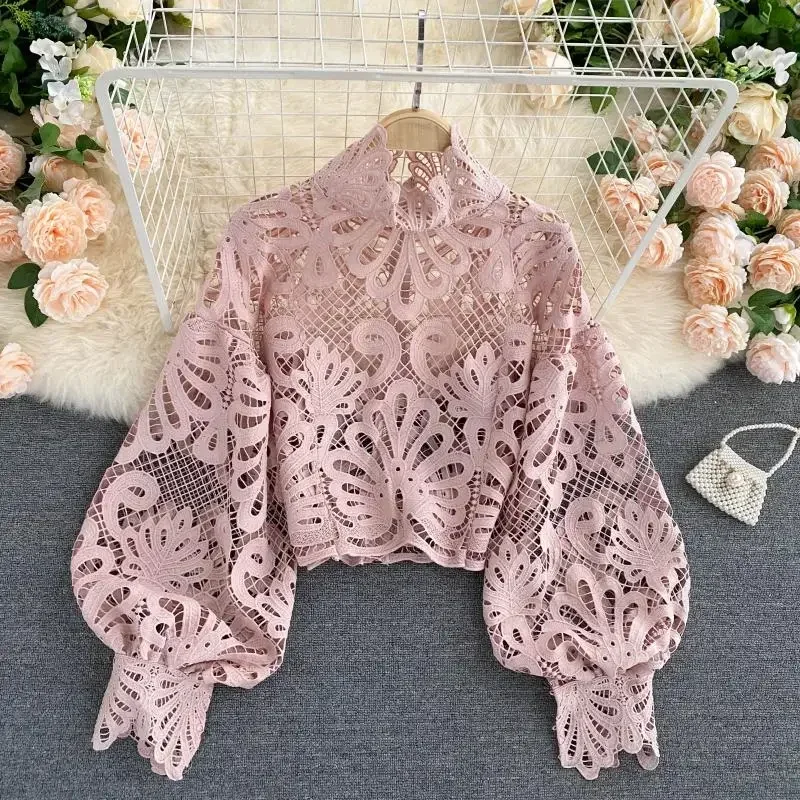 Lace Hollow Out Short Blouse Casual Lantern Long Sleeve Stand Collar Shirts Female Elegant Red/Pink/White Tops