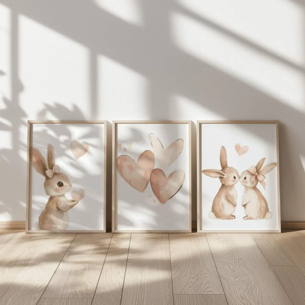 Frameless Rabbit Poster,Girl Pink Beige Decor,Heart Decoration Rabbit Picture,Animal Digital Download,Living Room Bedroom Decor
