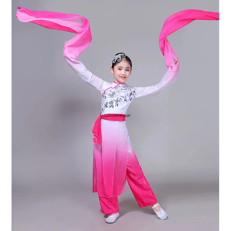 Children's classical Chinese costumes Yangko dance costumes umbrella  fan dance Chinese style sleeves girls practice clothing