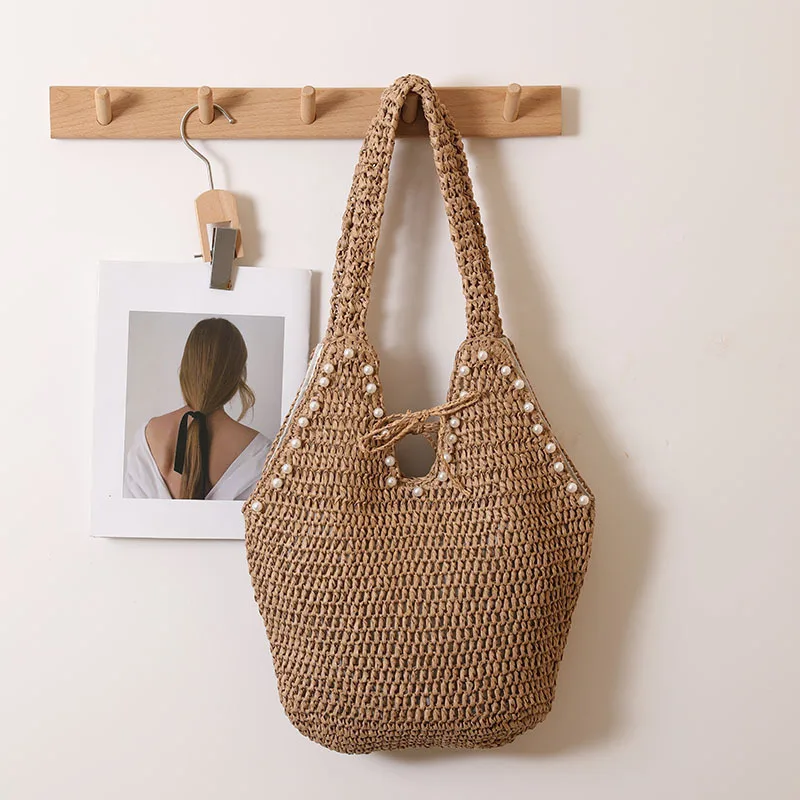 

Casual Handmade Paper Rope Woven Bag Fashion Imitation Pearl Grass Bag Women Large Capacity Shoulder Bag Vacation Handbag