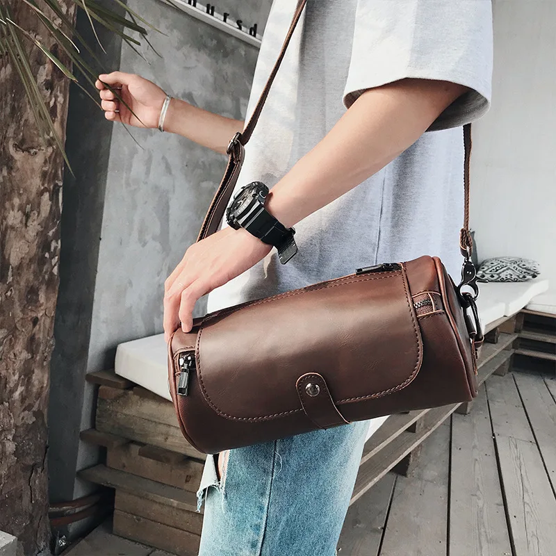 Vintage Men Crossbody Bag Fashion Barrel-Shaped Shoulder Bag For Men Crossbody Bag Flap Handbags Male Cylindrical Shoulder Bags
