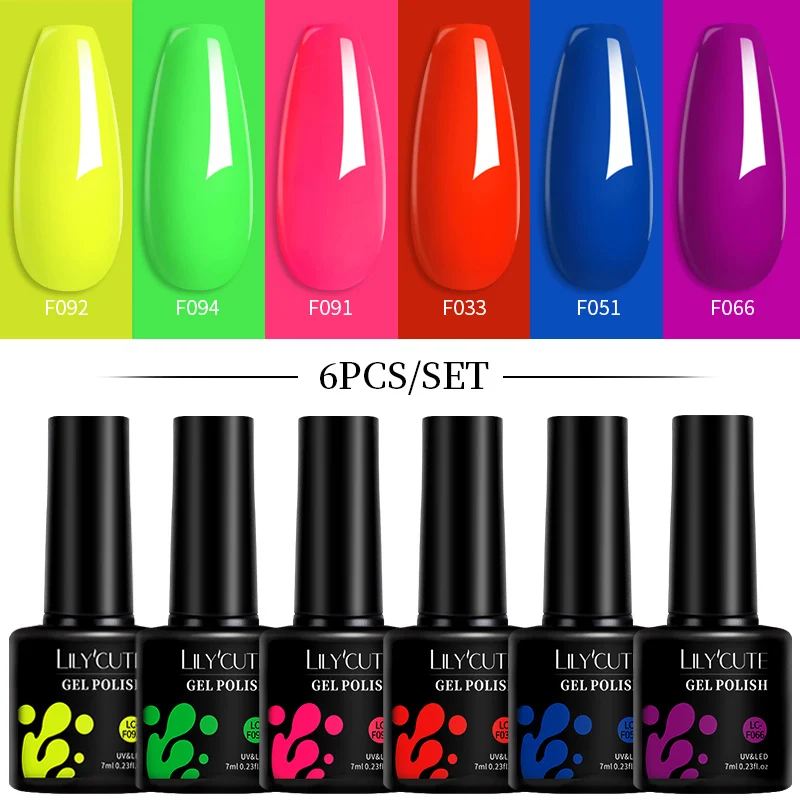 

LILYCUTE 6PCS Neon Color Gel Nail Polish Set 7ml Spring Summer Semi Permanent Soak Off UV Gel Kit Fluorescent Nail Varnish