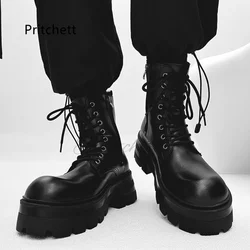 British Style Motorcycle Boots for Men Chunky Platform Men's Spring Retro Leather Side Zipper Heightening High Top Work Shoe