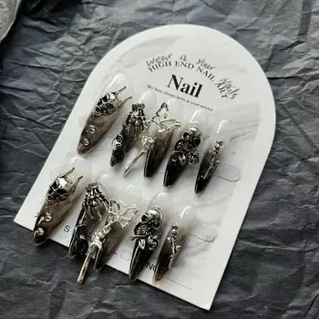 핸드메이드 블랙 다크 고딕 웨어러블 가짜 손톱, 라인석 악마 장식, 재사용 가능한 아크릴 참 아트 네일 팁, 10 개