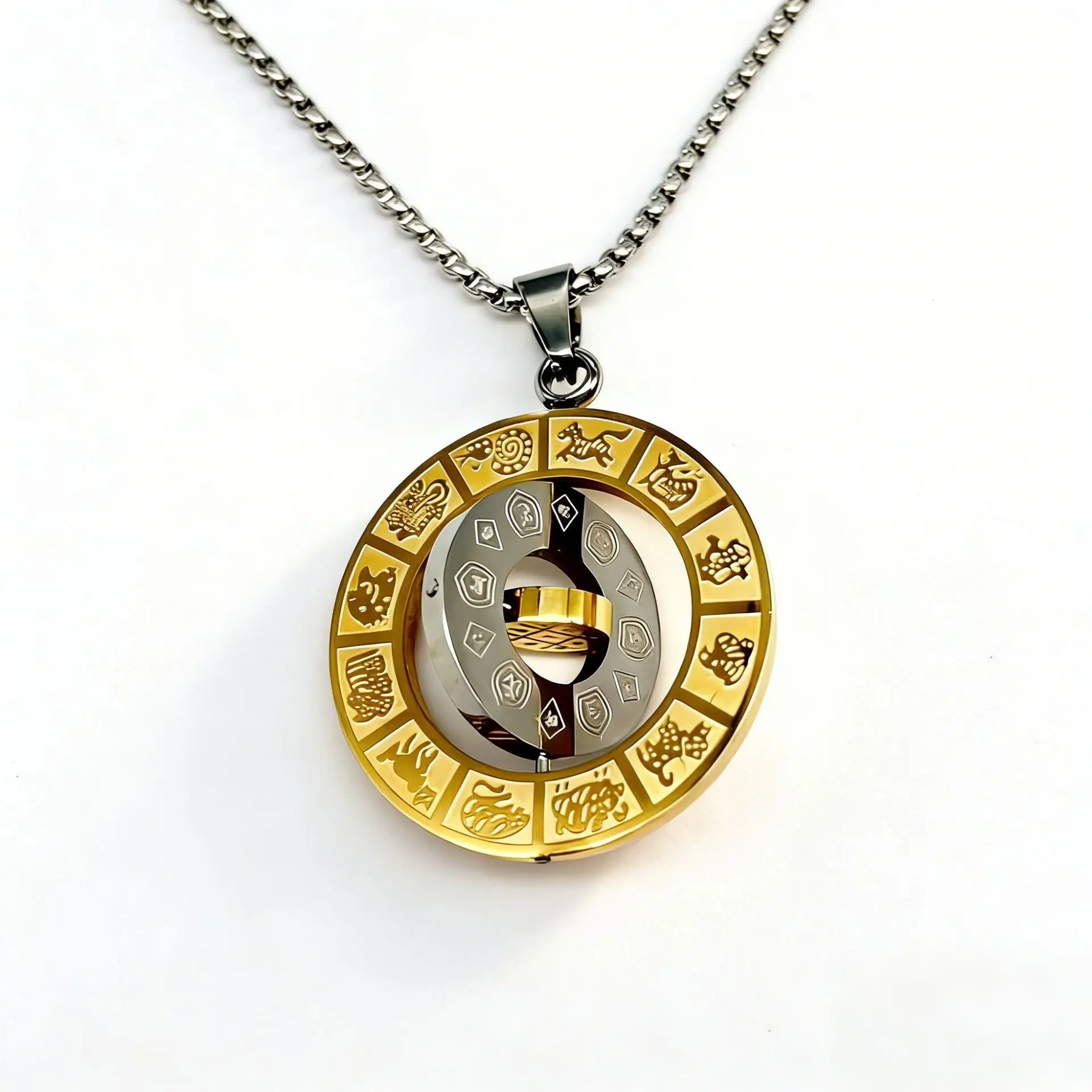 Chinese Style Stainless Steel Rotatable Nine Palaces Eight Trigrams Pendant Necklace 12 Chinese Zodiac Lucky Blessing Fortune
