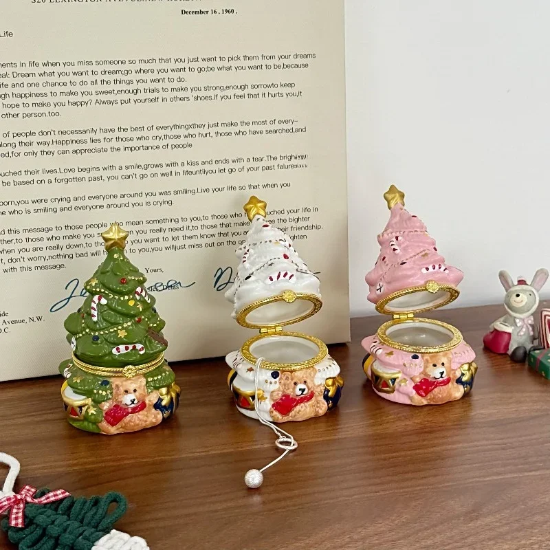Ceramic Christmas Tree Trinket Box Vintage Mini Hinged Jewelry Box Exquisite Ring Holder Xmas Desktop Decor Gift