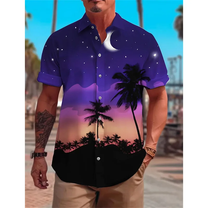 

Sunset Graphic Beach Shirt For Men Coconut Tree 3D Printed Hawaiian Shirts Fashion Casual Button Short Sleeve Lapel Blouse