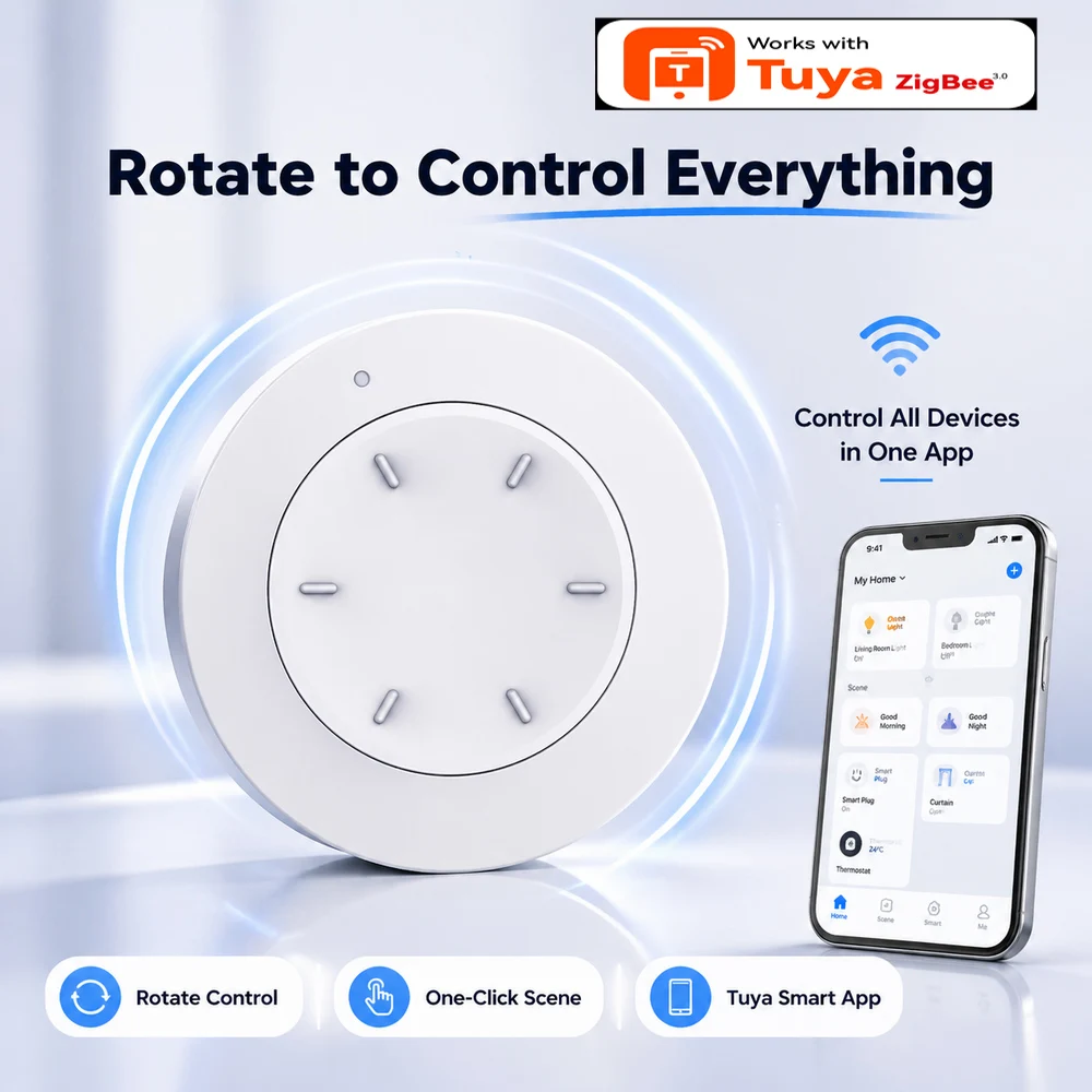 Smart ZigBee Knob Switch Work with Tuya Smart Life Wireless Scene Controller Rotatable Dimmer Button for Light Smart Home Autom
