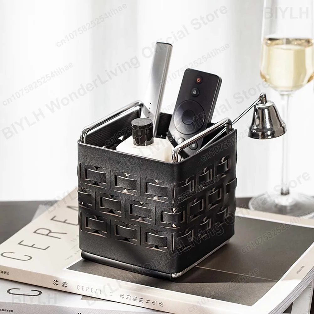 PU Leather Woven Storage Box Home Decoration Storage Rack Remote Control/Makeup Brush/Office Stationery Finishing & Storage Tool