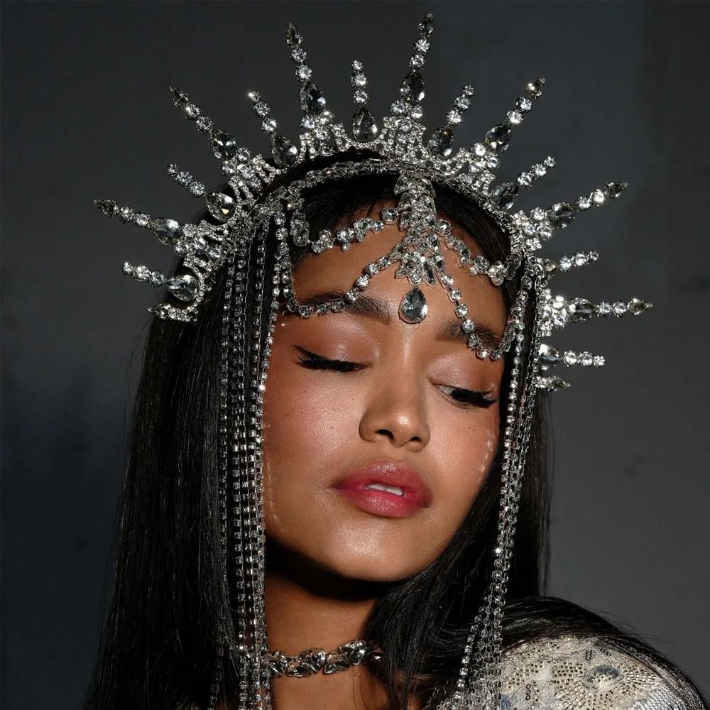 

Drag Queen Tassel Hairband Crown Performance Head Accessories Ethnic Exaggerated Rhinestone Hair Chain Headpiece Party for Women