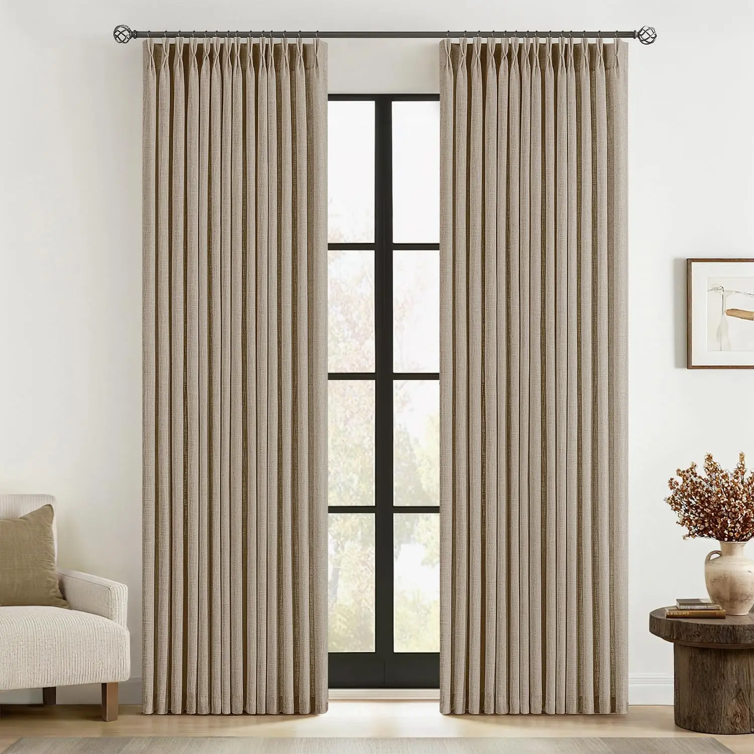 

Pinch Pleated Thick Linen Curtains 90 Inches Long 2 Panels for Living Room Bedroom, Linen Textured Memory Trained Pleat