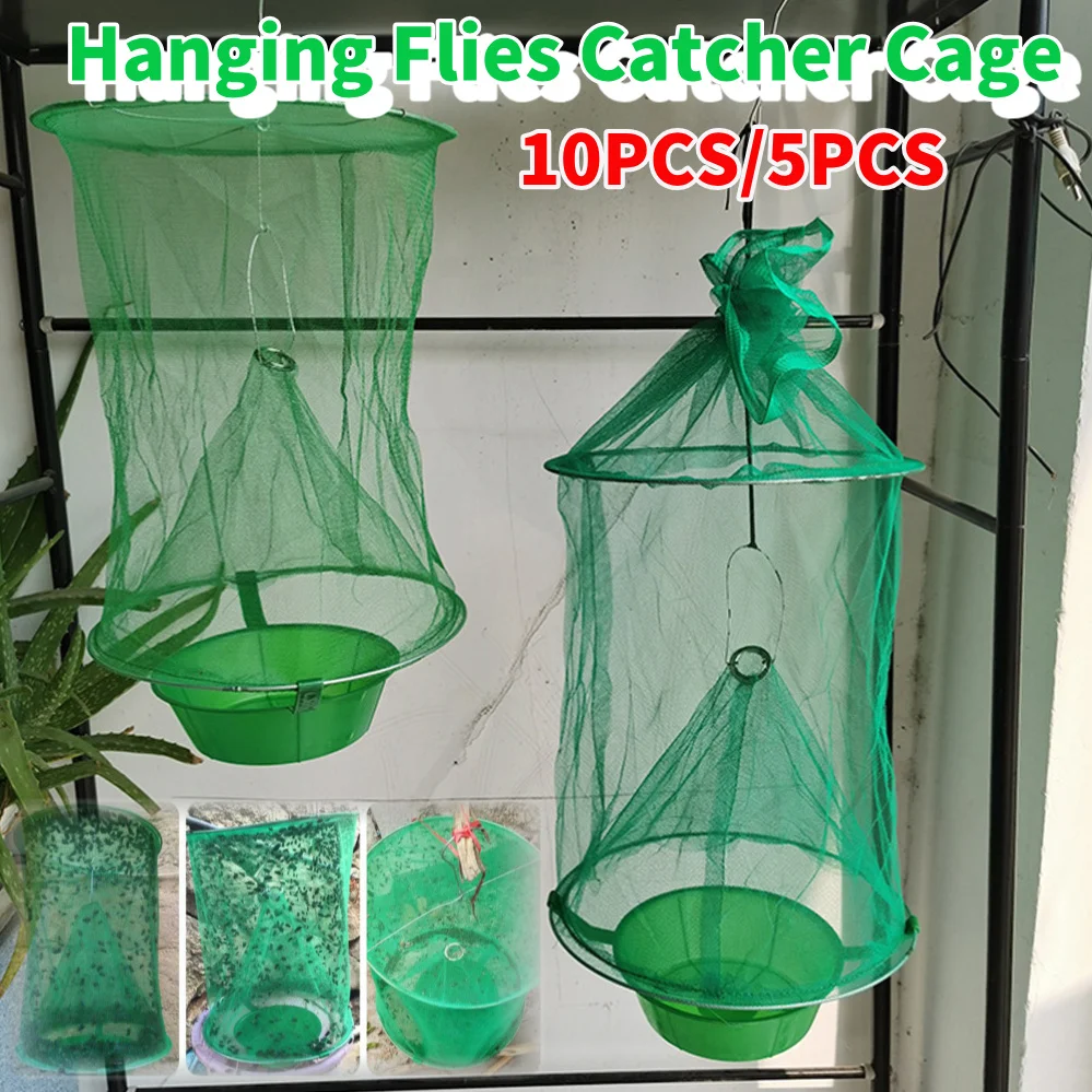 10PCS/5PCS Reusable Hanging Fly Catcher Killer Flies Flytrap Cage Net Trap Pest Control Garden Hanging Flycatcher for Courtyard