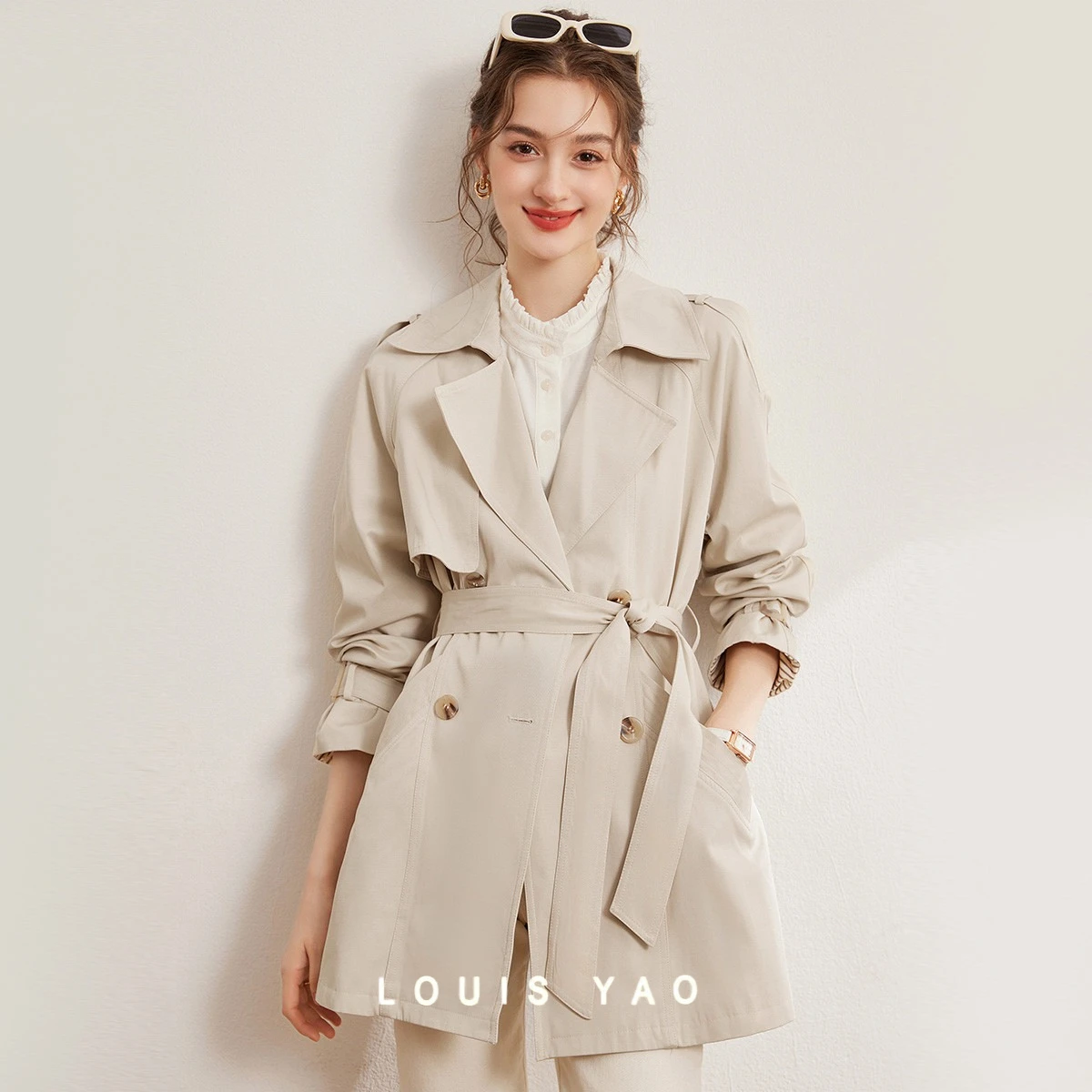

LOUIS YAO Women's Trench Coat 2025 Autumn Commuter Style Lapel Collar Raglan Sleeve Solid Color Mid-Length Oversized Coat