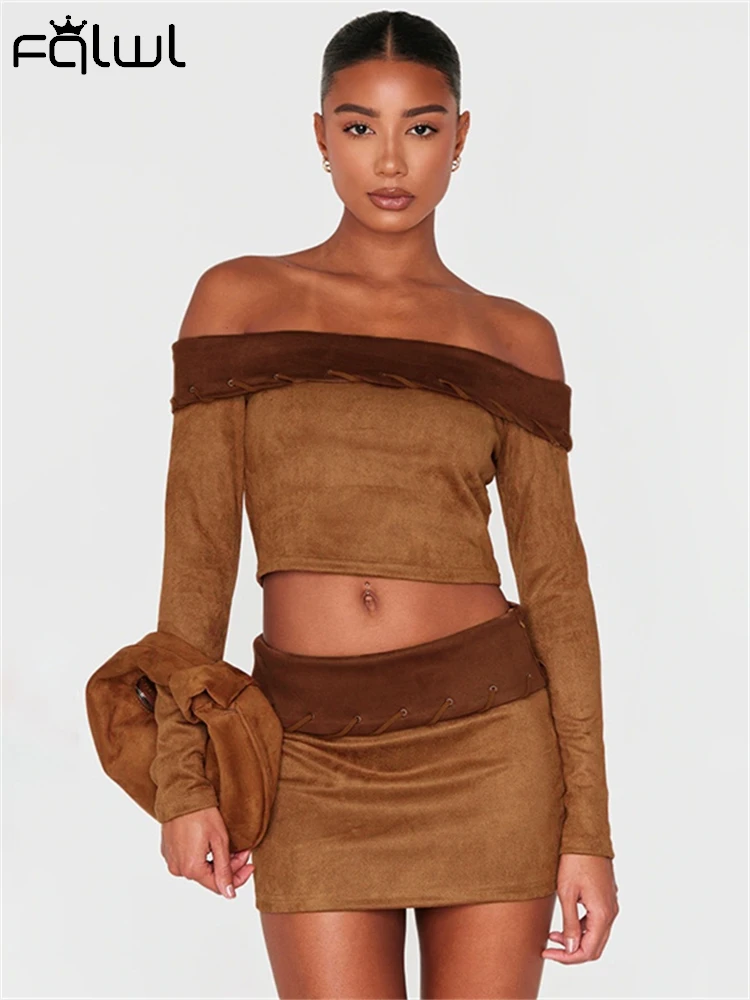 Habbris Winter Brown Faux Suede Contrast Two Piece Set Concert Party Outfits Women 2024 Off Shoulder Foldover Crop Top Skirt Set