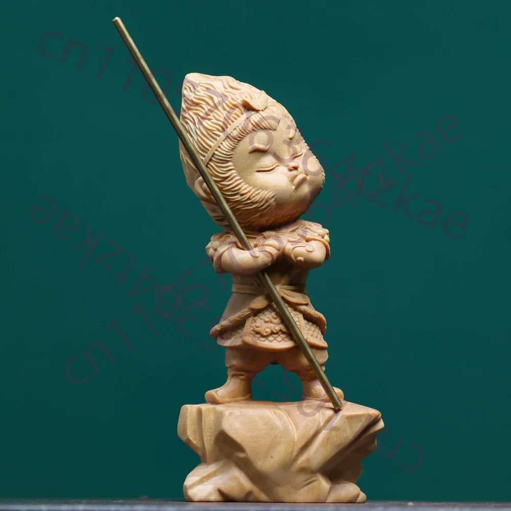 Poplar Wood Carved Monkey King Statue - Creative Zodiac Figurine, Sun Wukong Car Decor