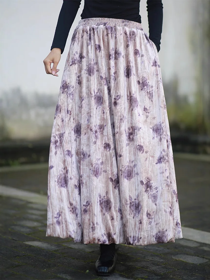 TIYIHAILEY Women's Velvet A-line Maxi Skirt Elastic Waist Velvet Skirt With Pocket Long Maxi Autumn Winter ink wash tie-dye