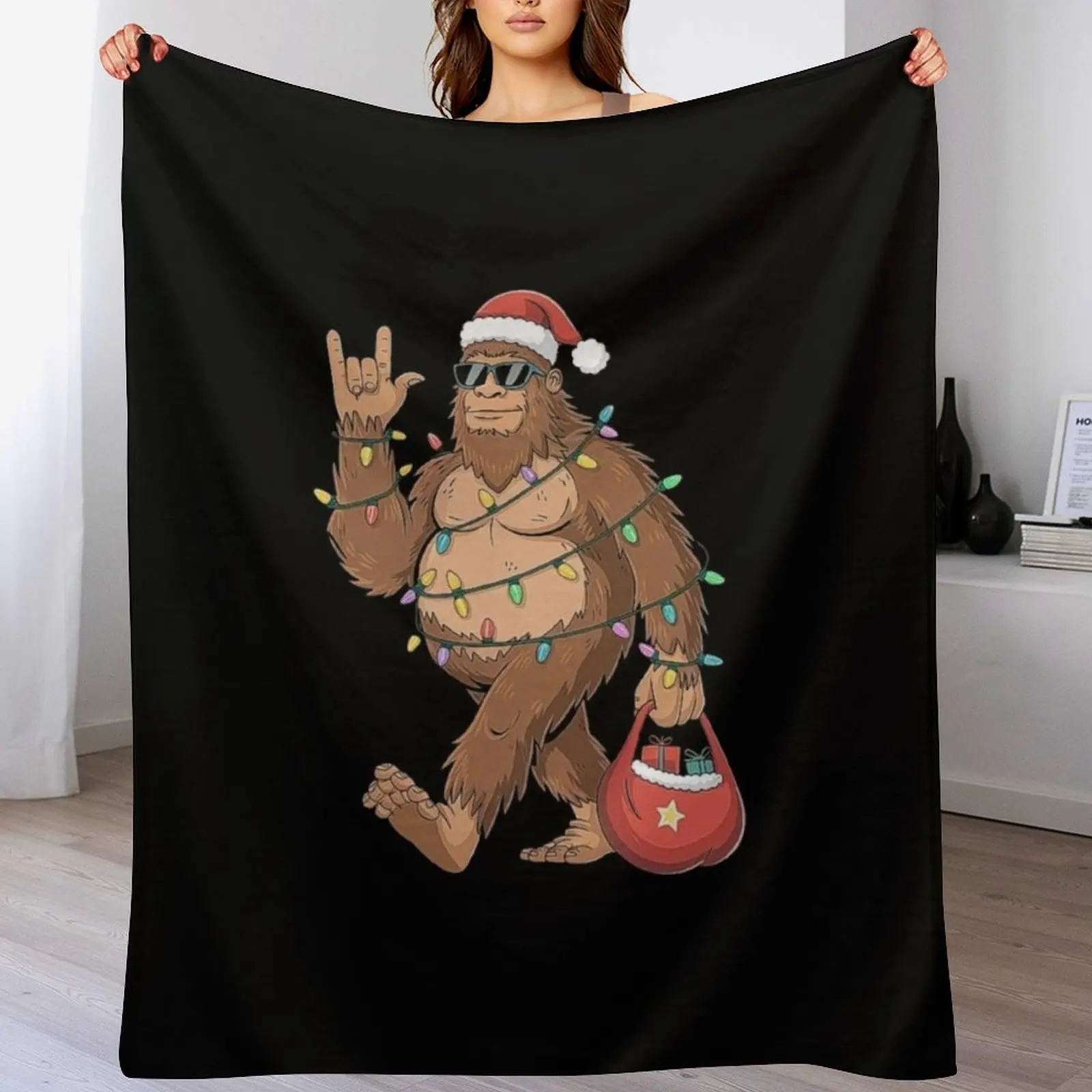 

Bigfoot Christmas Art a Bigfoot with Santa Hat and Christmas Lights, Fun Holiday Bigfoot Decor Throw Blanket