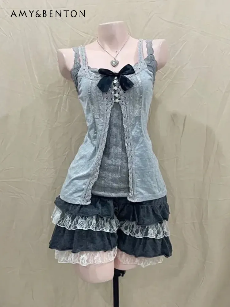

2026 Summer New Women's Japanese Sweet Style Bow Splice Camisole Top Inner Wear Lace Short Cake Skirt 3 Piece Set