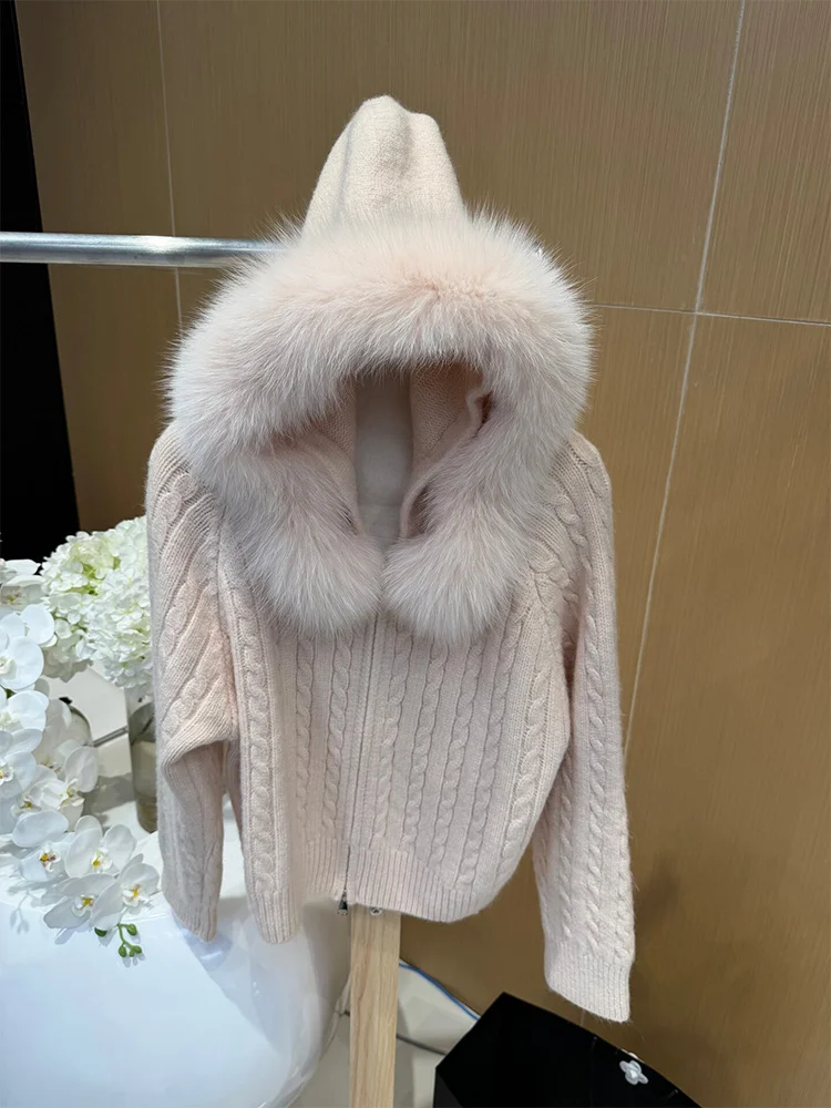New Casual Autumn Winter Women Natural Real Fox Fur Collar Hooded Jacket Cardigan Fur Decoration Lady's Sweater Coat - view 4
