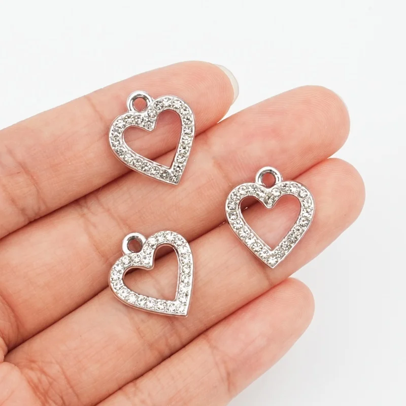 10Pcs Y2K Hollow heart-shaped rhinestone pendant, used for DIY necklace, bracelet, jewelry making supplies
