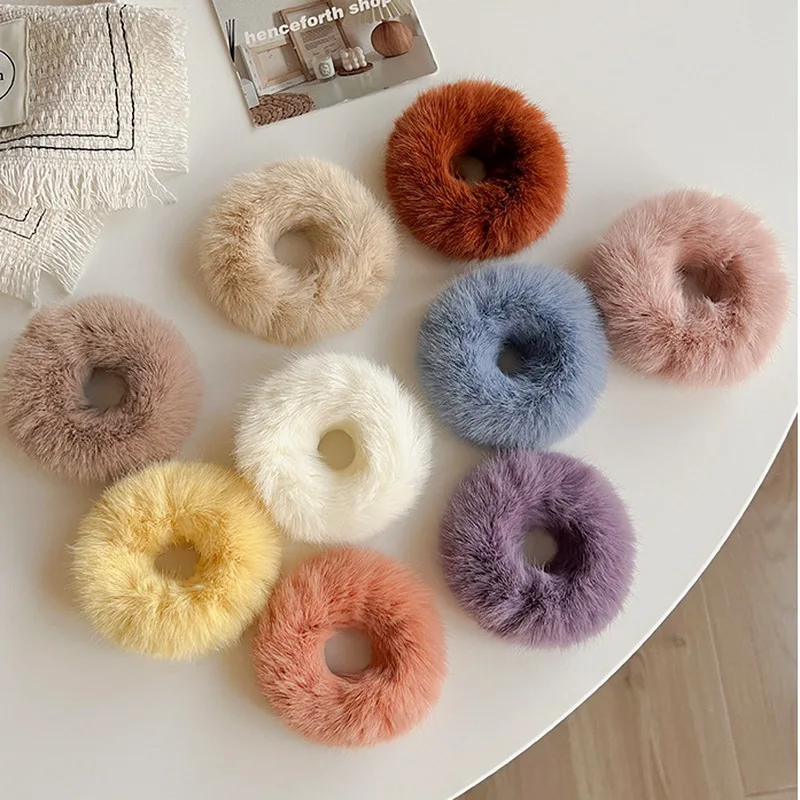 2023 Women Winter Fluffy Scrunchie Elastic Thick Furry Hair Tie Girl Pink hair bands Plush Hair Rope Gum Big Hairbands Wholesale