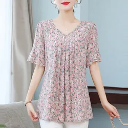 Chiffon Short Sleeve Plus Size Shirt Casual Fashion Floral Printed Blouse V Neck Loose Fit Pleated Blouses Tops for Women