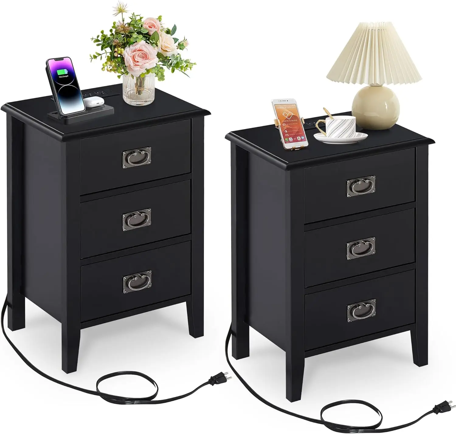 

Nightstands, Set of 2 Charging Station, Vintage Solid Wood End Bedside Table USB Ports, Storage Drawer for Bedroom Living Room