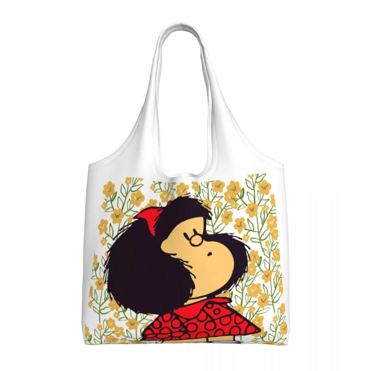 Custom Mafalda And Flowers Shopping Bag  Shoulder Canvas Tote Bag Portable Argentina Manga Quino Groceries Shopper  Handbags