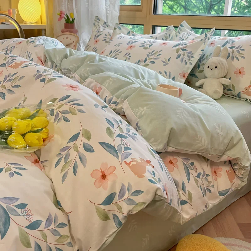 High Quality Leaf Printed 100% Cotton Duvet Cover Set Soft Skin Friendly King Queen Size Cotton Bedding Set with Comforter Cover