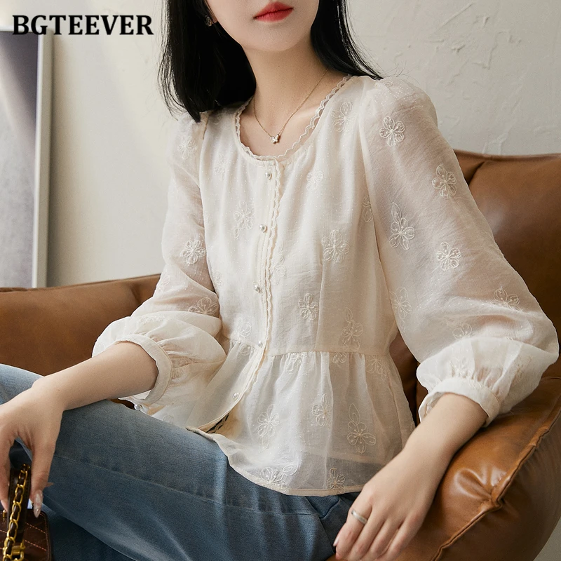 BGTEEVER Chic Vintage Long Sleeve Female Lace Shirts Autumn Elegant Single-brasted Loose Women Embroidery Printed Blouses