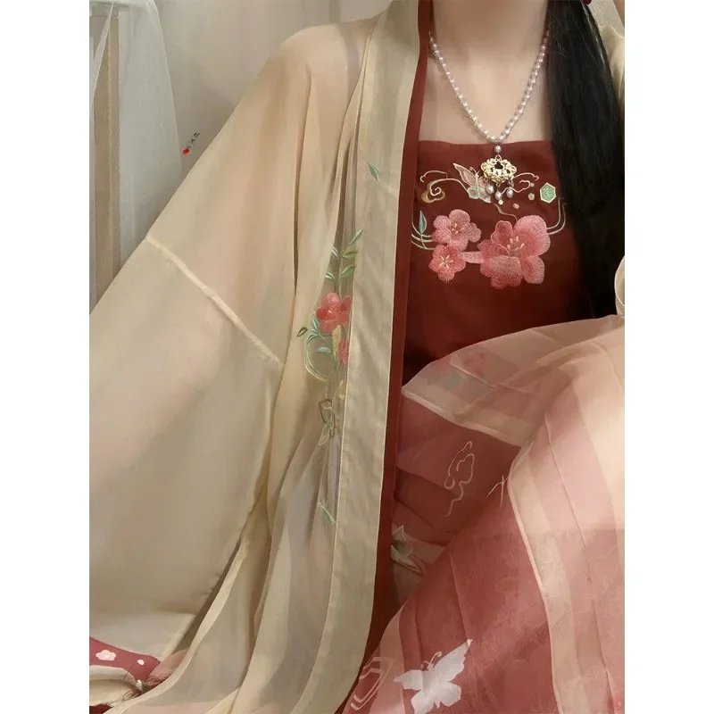 Song Dynasty Red Lingxiao Flower Embroidered Hanfu Dress Suit Robe Sling Skirt Female Chinese Style Masquerade Role Play Costume