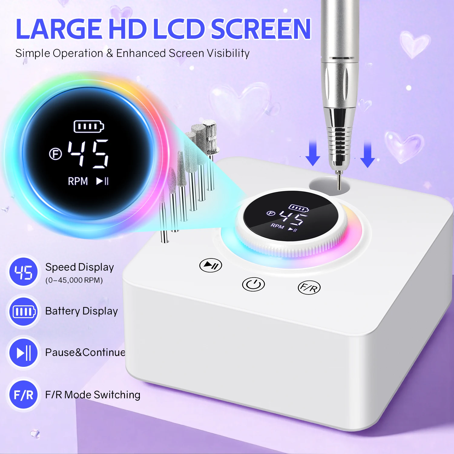 Taladro eléctrico para uñas de 45000RPM, taladros profesionales para salón, lima de uñas portátil, herramienta de manicura con poco ruido