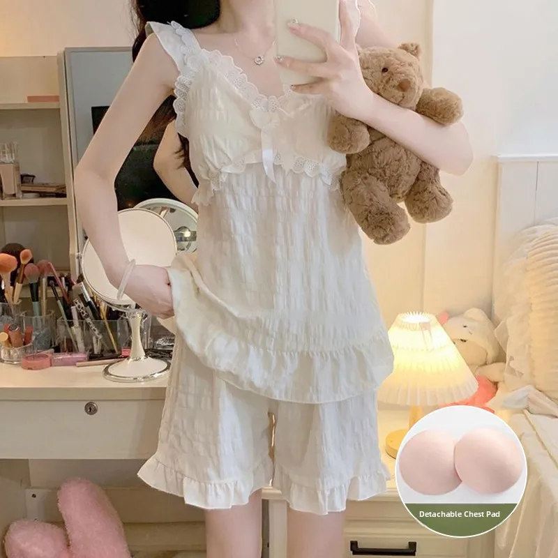 

Sweet Cloud Cotton Spwear Set Women's Summer Thin Home Clothes Set with Chest Pad Apricot Belt V-Ne ort Sve