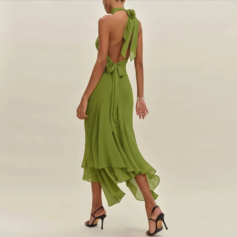 Spring Turtleneck Lace Up Evening Dress Woman Elegant Solid Slim Ruffle Irregular Dress Summer Backless Hollow Boho Long Dresses