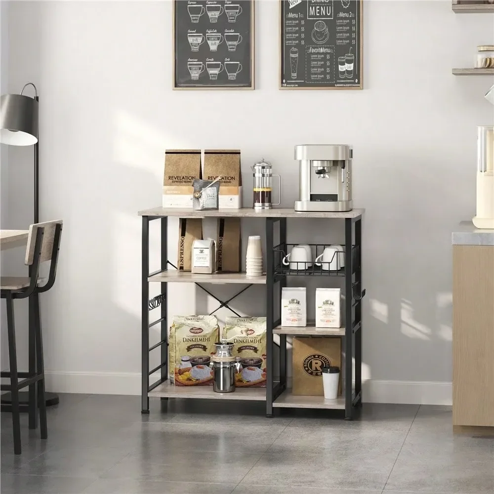 

1pc Rustic Industrial Bakers Rack Microwave Cart With Open Storage Shelves And Hooks Utility Storage Shelf For Kitchen