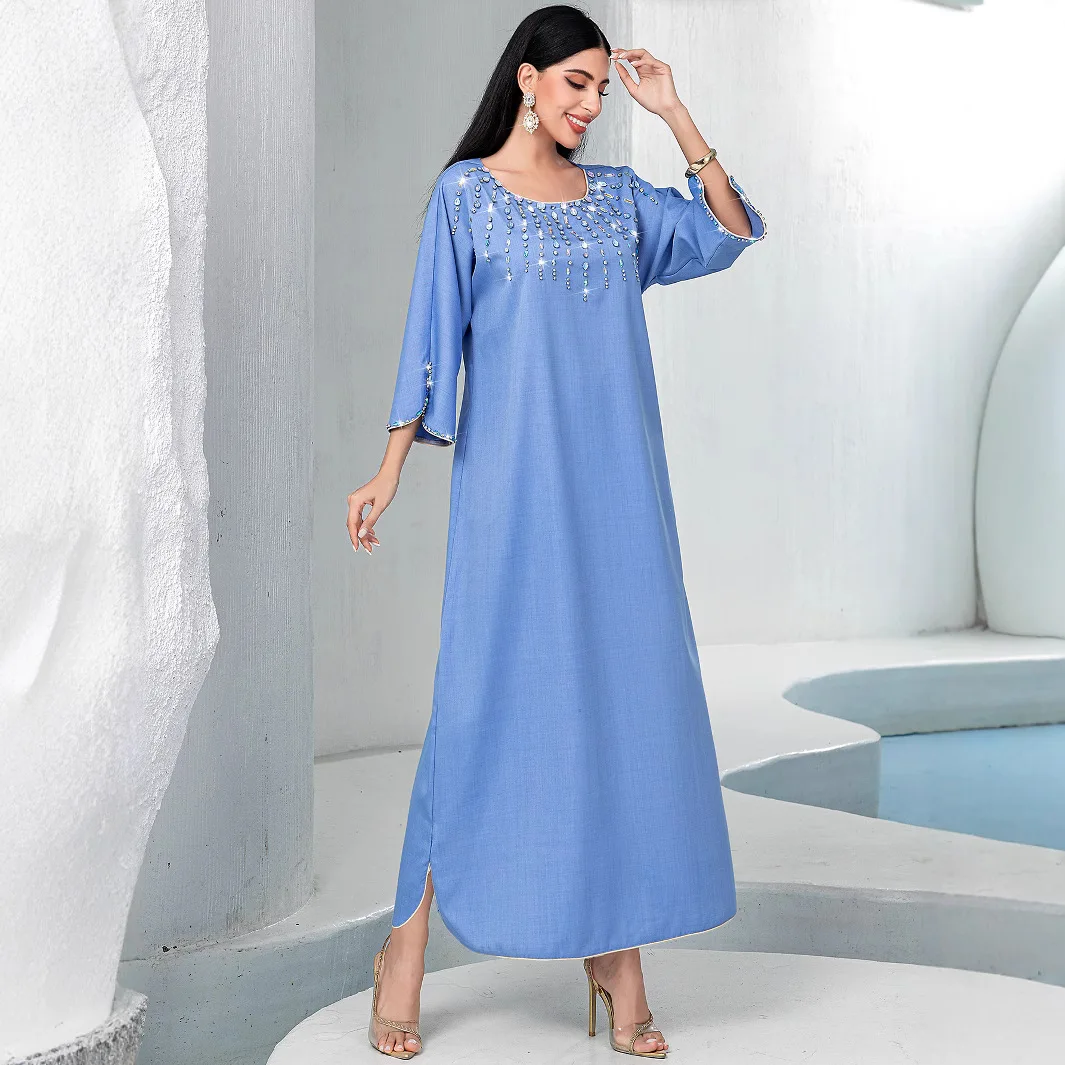 BA5166 New Mist Blue Square Neck Loose Hand sewn Diamond Dress Arab Muslim Robe