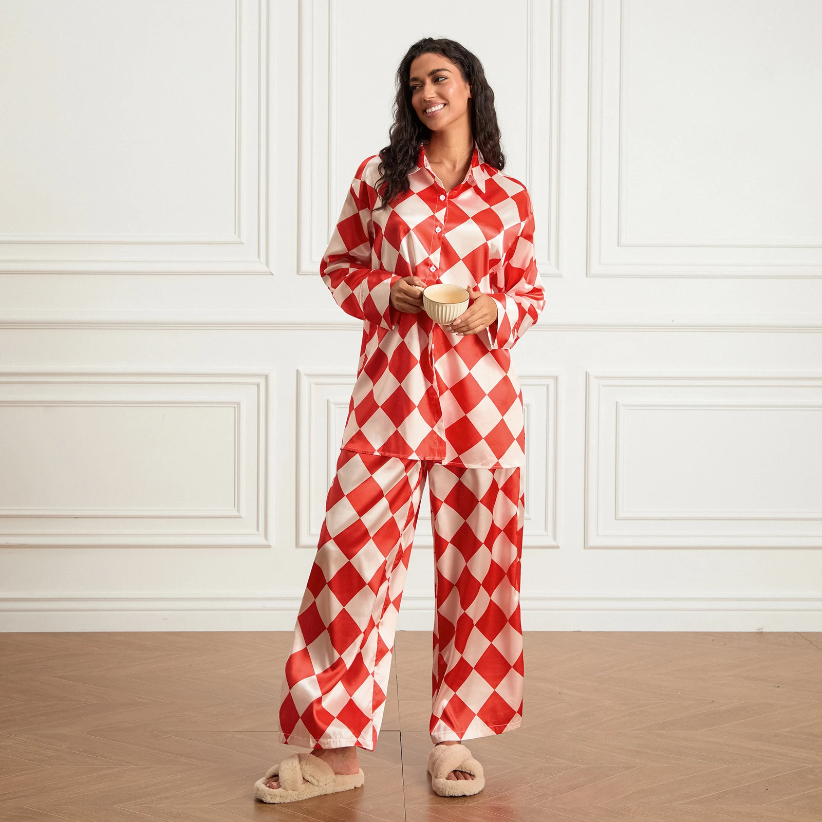 Women's Spring Checkerboard Print Loungewear Pajama Sets Long Sleeve Lapel Button Down Shirts Long Pants Oversized Sleepwear