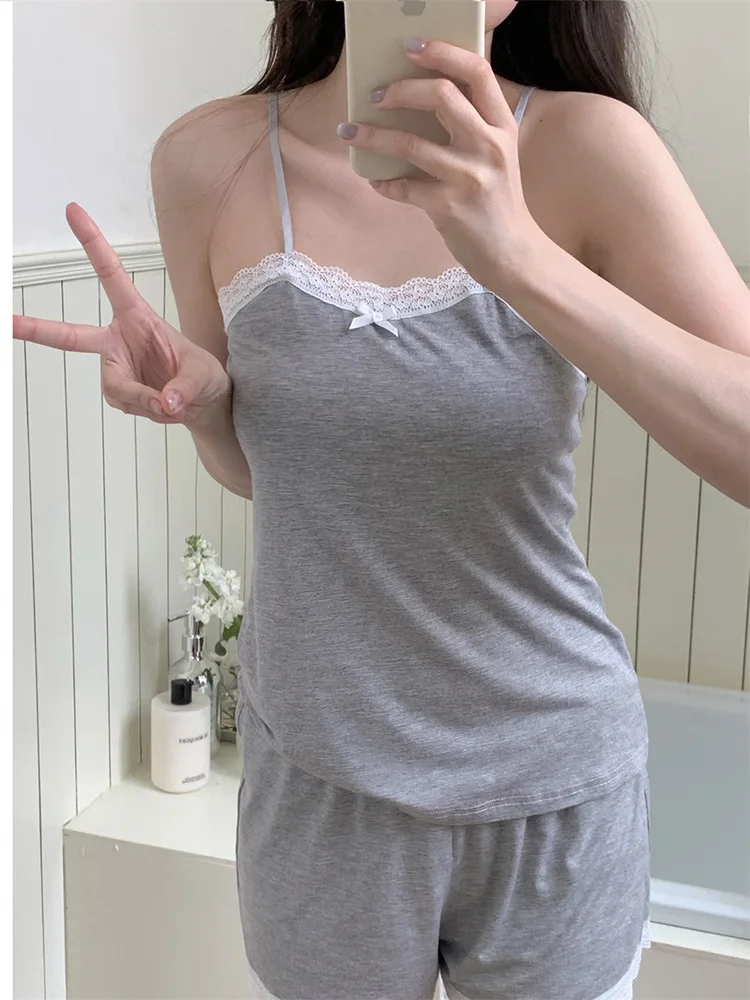 Lace New Sexy Grey Skin Friendly Solid Sweet Korean Style Sleeveless Sling Pajama Set Women Elegant Casual Coolness NightDress