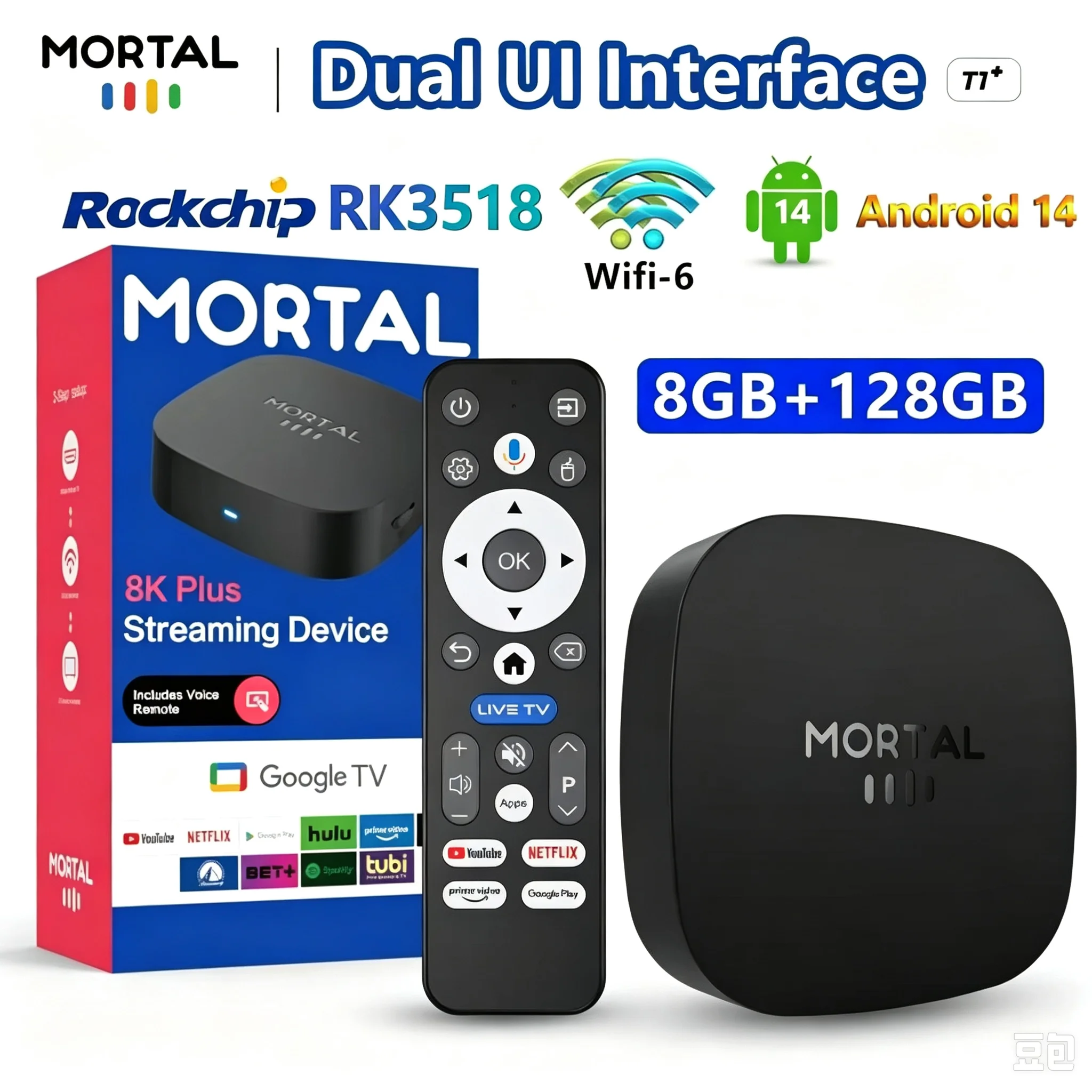 T1+RK3518 Rockchip Smart TV Box BT5.4 Android 14.0 ROM 128GB RAM 8GB Wifi6 8K Asistente de Voz Reproductor Multimedia TV Box Smart TV 2026