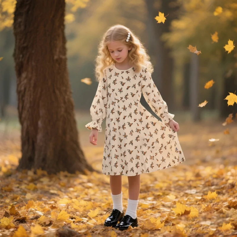 Gaun Lengan Panjang Motif Bunga Musim Semi dan Gugur 2025 untuk Anak Perempuan, Gaun Putri Model A dengan Pinggiran Daun Teratai, Kasual Serbaguna Retro