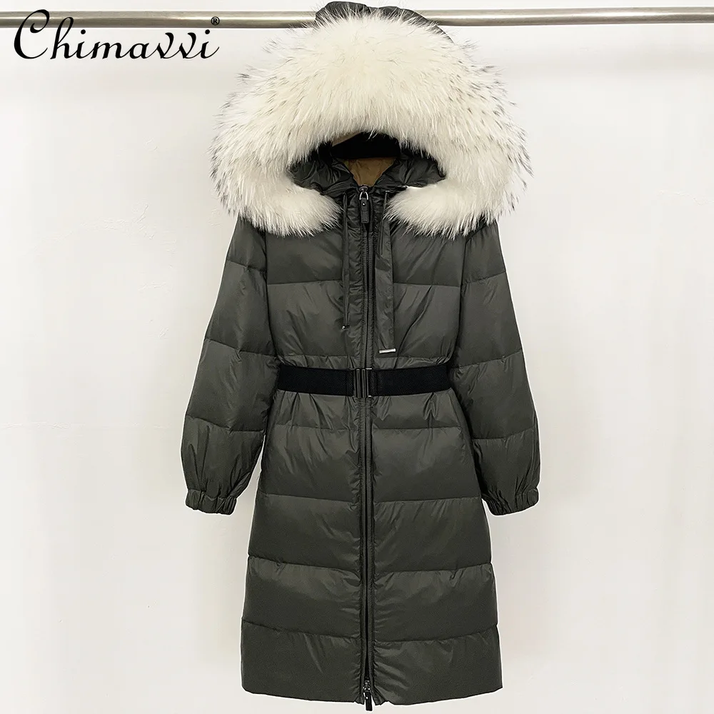 

Fashion Winter New Fur Collar Hooded Thick Warm Long Overcoat Elegant High Waist Belt Slim Waist White Duck Down Coats Women