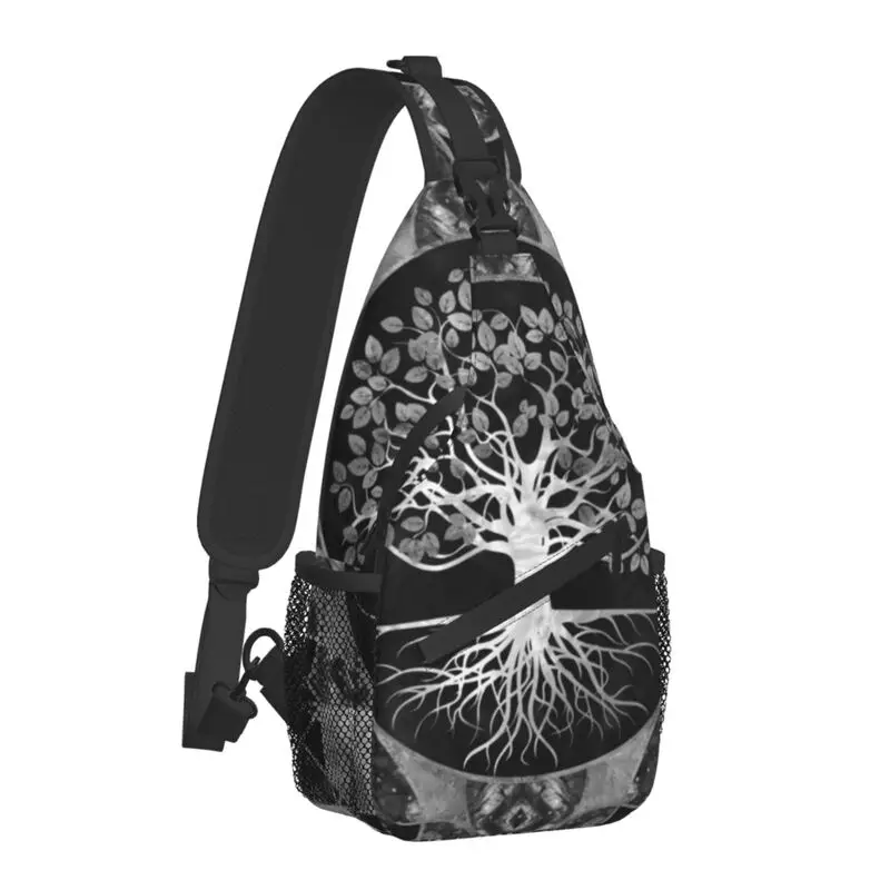 Tree Of Life Gray Scale Gemstone Crossbody Sling Backpack Men Custom Vikings Yggdrasil Shoulder Chest Bag for Traveling Daypack