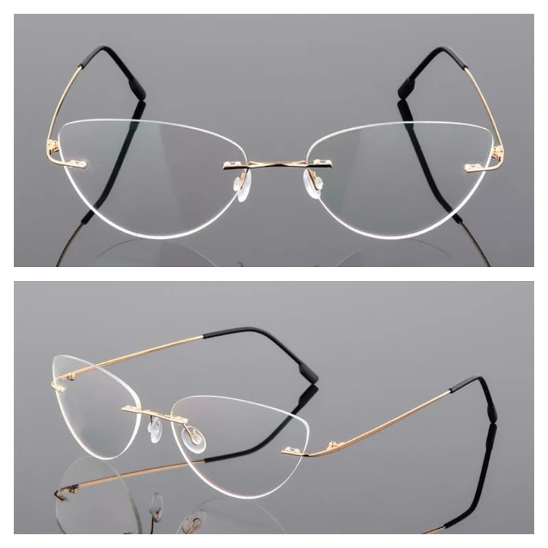 

Titanium Cat-eye Reading Glasses for Women Rimless Pink and Blue Presbyopic Glasses with +0.5 +0.75 +275 to +600