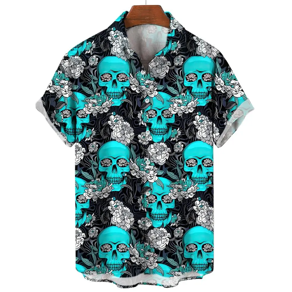 Rose Skull Print Shirt Men\'s Short Sleeve Shirt Summer Street Fashion Tops Men\'s Casual Oversized Shirt Size S-5XL